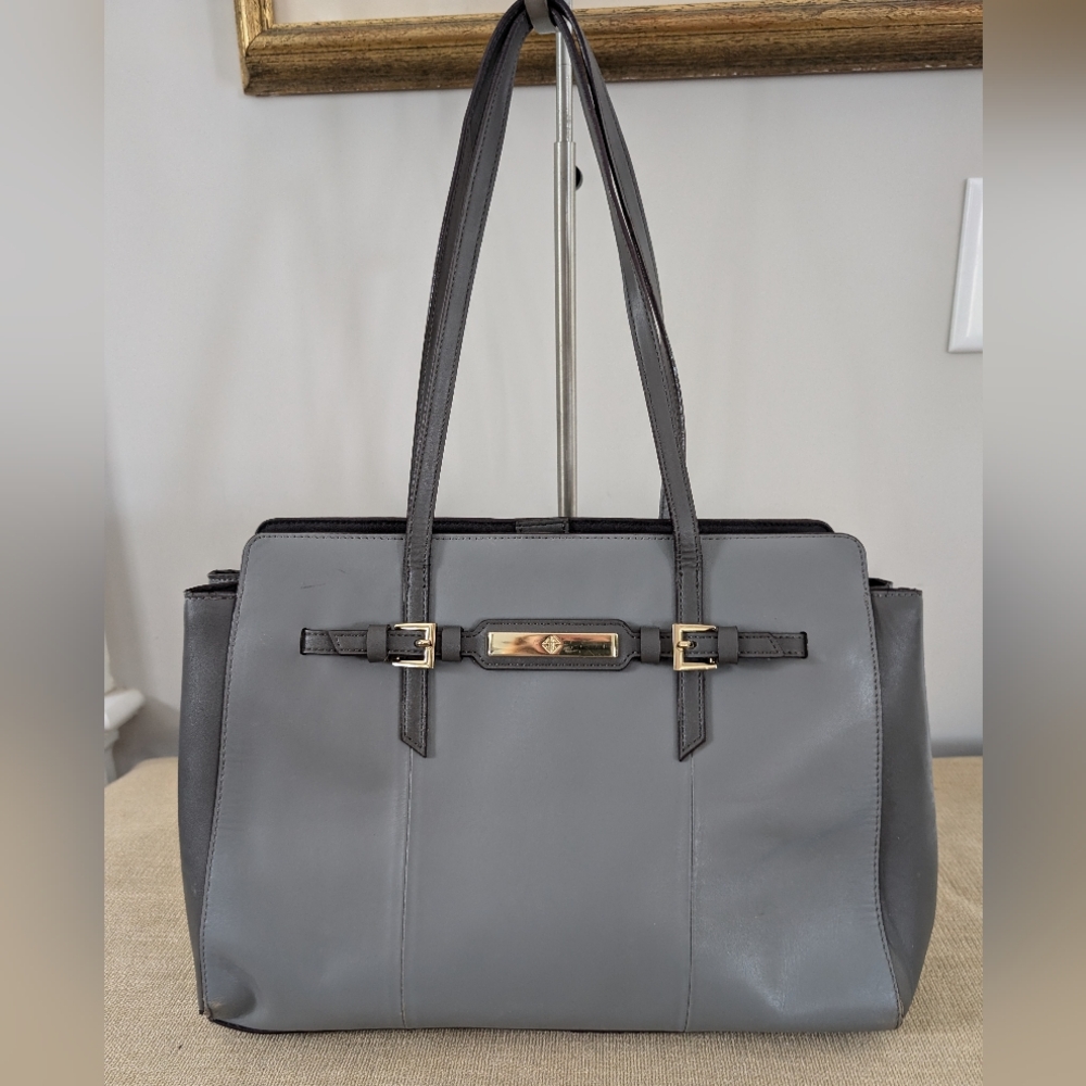 Antonio Melani Two Tone Grey Leather/Faux Leather Tablet (or Small Laptop) Bag